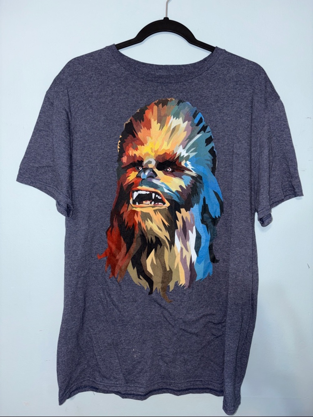 Men's L Star Wars Graphic T-Shirt with Colorful Mosaic Chewbacca Artwork - Gray